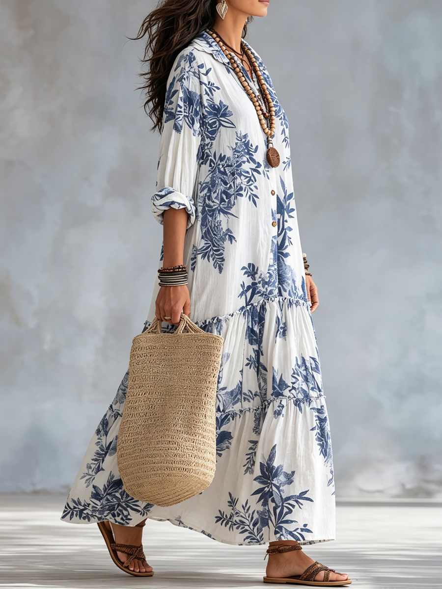 Women's Floral Maxi Shirt Dress with Tiered Skirt