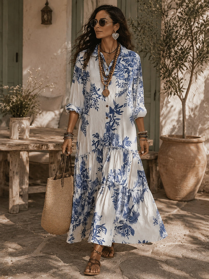 Women's Floral Maxi Shirt Dress with Tiered Skirt