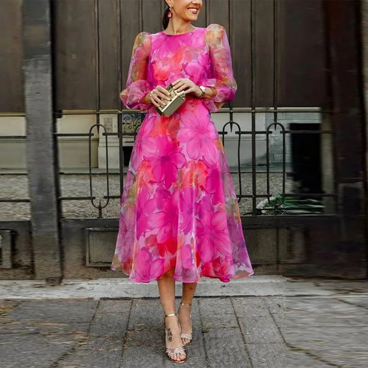 Women's Floral Midi Cocktail Dress with Sheer Sleeves
