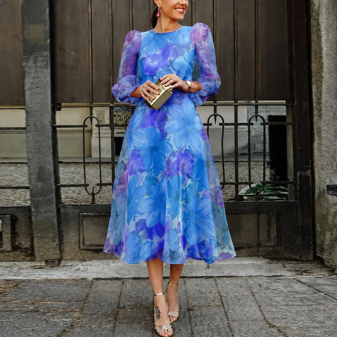 Women's Floral Midi Cocktail Dress with Sheer Sleeves