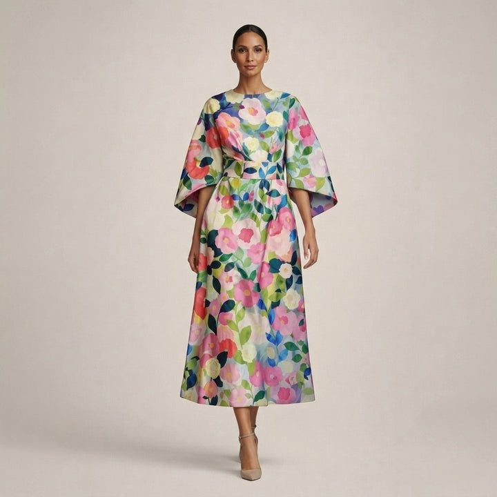 Women's Floral Midi Dress with Flared Sleeves
