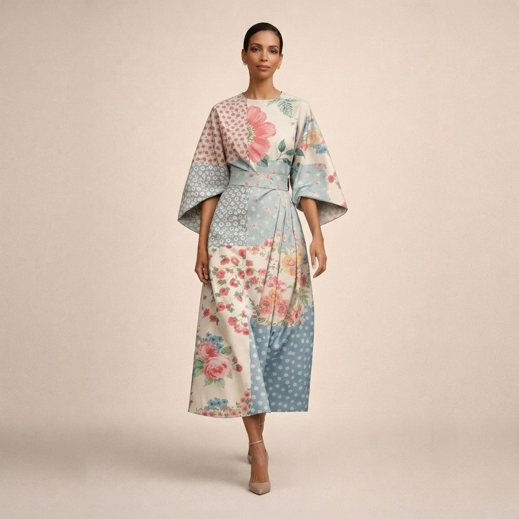 Women's Floral Midi Dress with Flared Sleeves