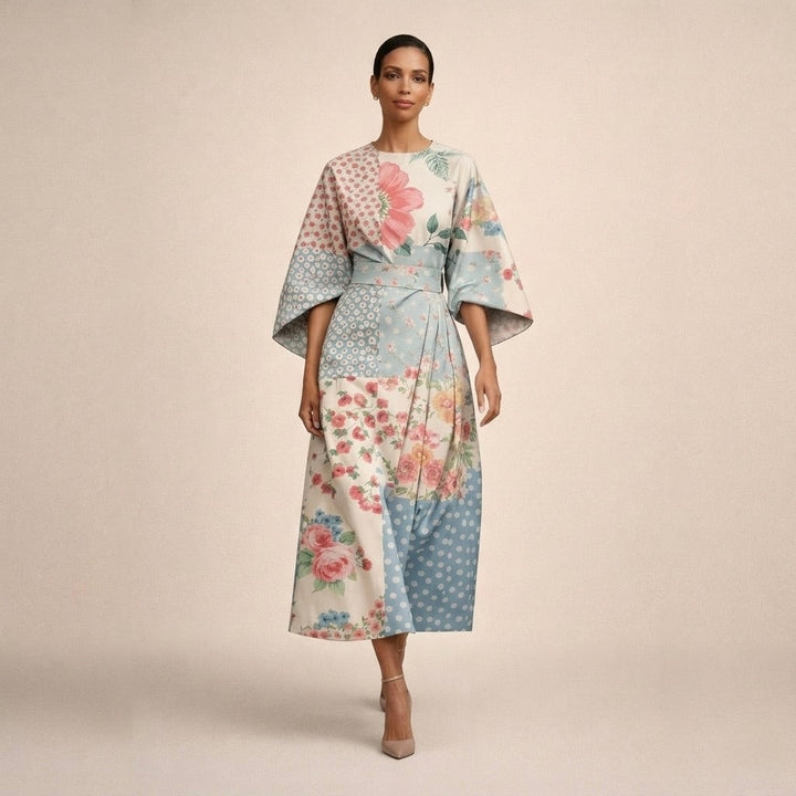 Women's Floral Midi Dress with Flared Sleeves