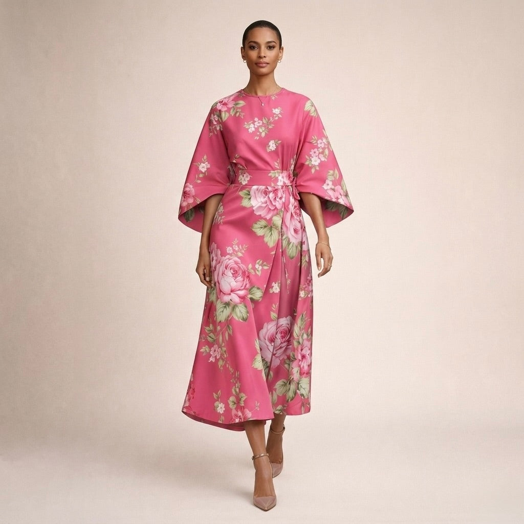 Women's Floral Midi Dress with Flared Sleeves