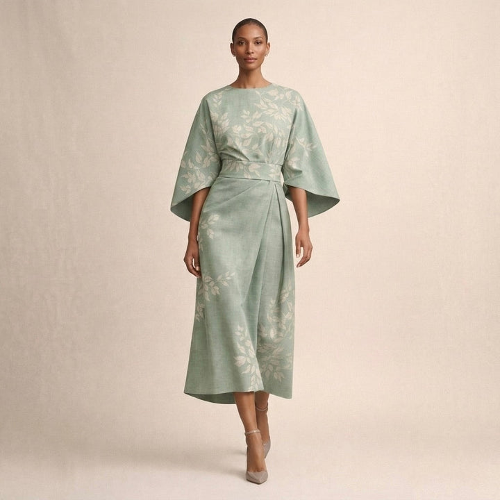 Women's Floral Midi Dress with Flared Sleeves