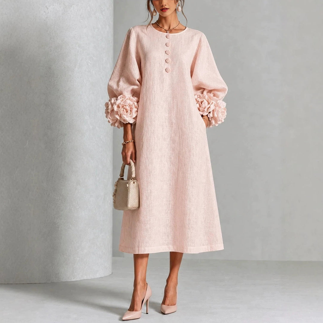 Women's Floral Midi Dress with Puff Sleeves and Rose Cuffs