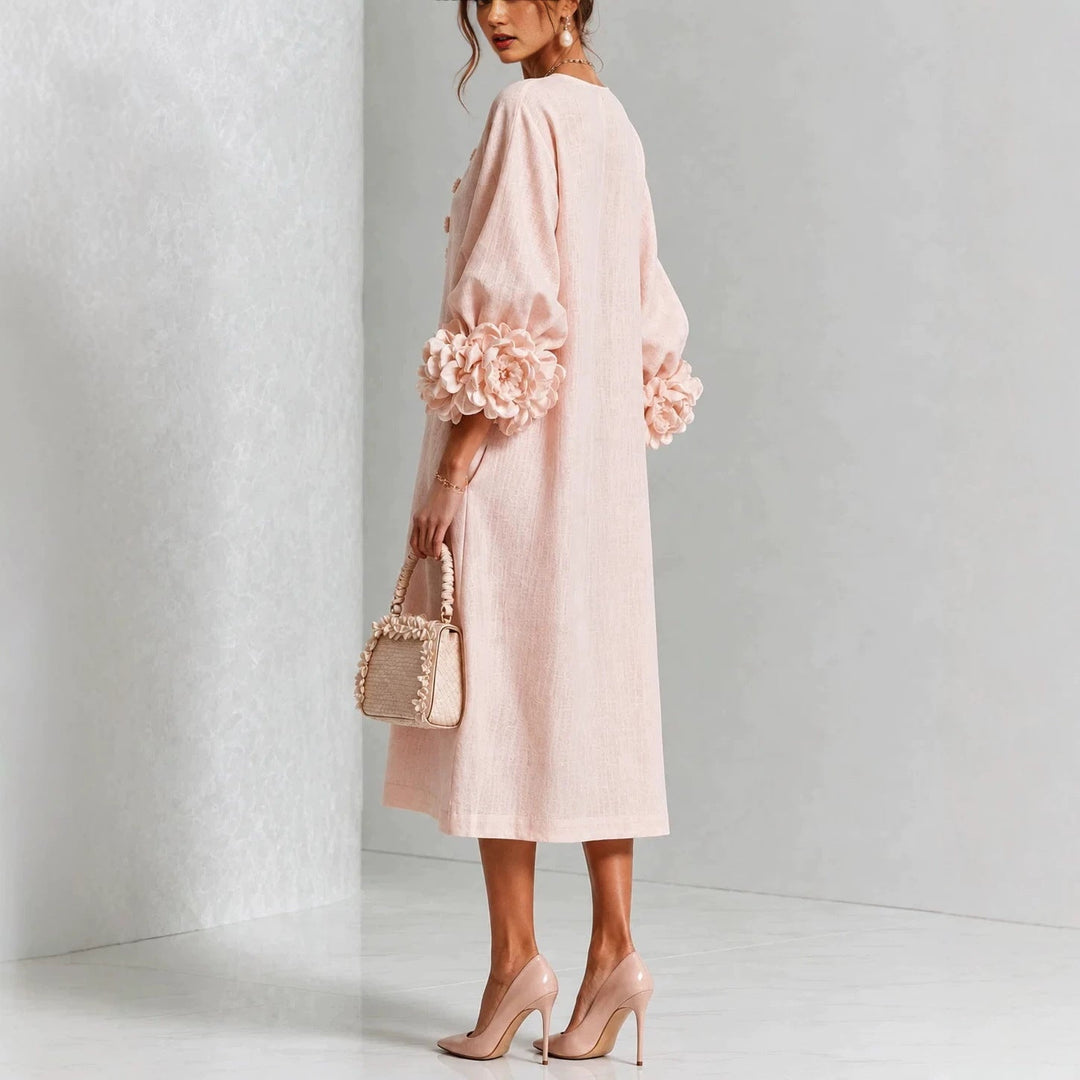 Women's Floral Midi Dress with Puff Sleeves and Rose Cuffs