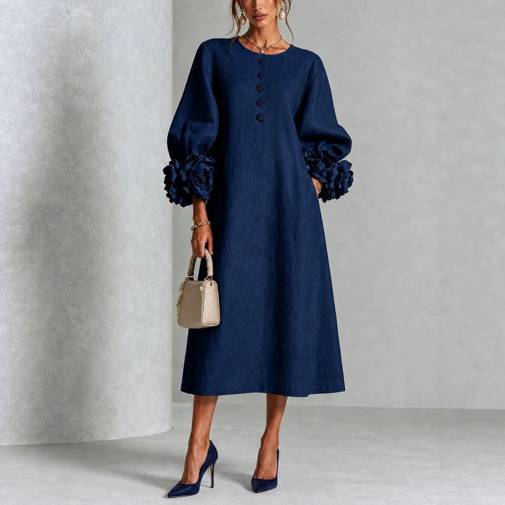 Women's Floral Midi Dress with Puff Sleeves and Rose Cuffs