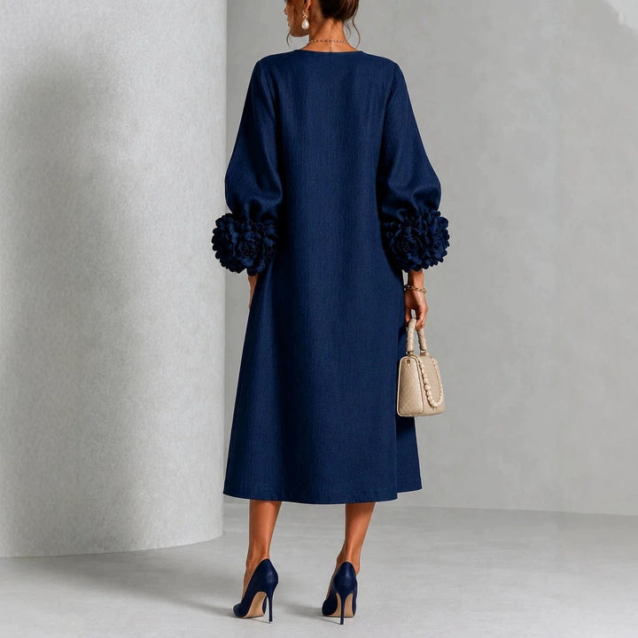 Women's Floral Midi Dress with Puff Sleeves and Rose Cuffs