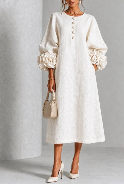 Women's Floral Midi Dress with Puff Sleeves and Rose Cuffs