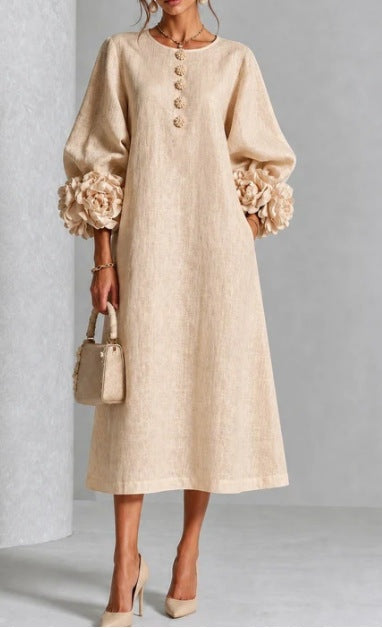 Women's Floral Midi Dress with Puff Sleeves and Rose Cuffs