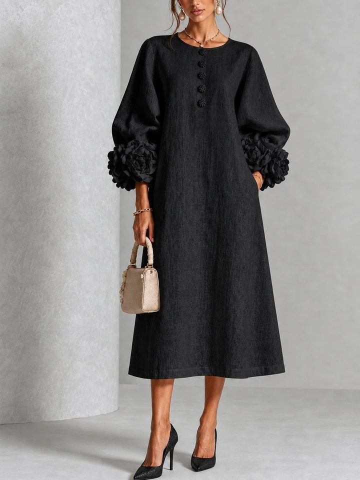 Women's Floral Midi Dress with Puff Sleeves and Rose Cuffs