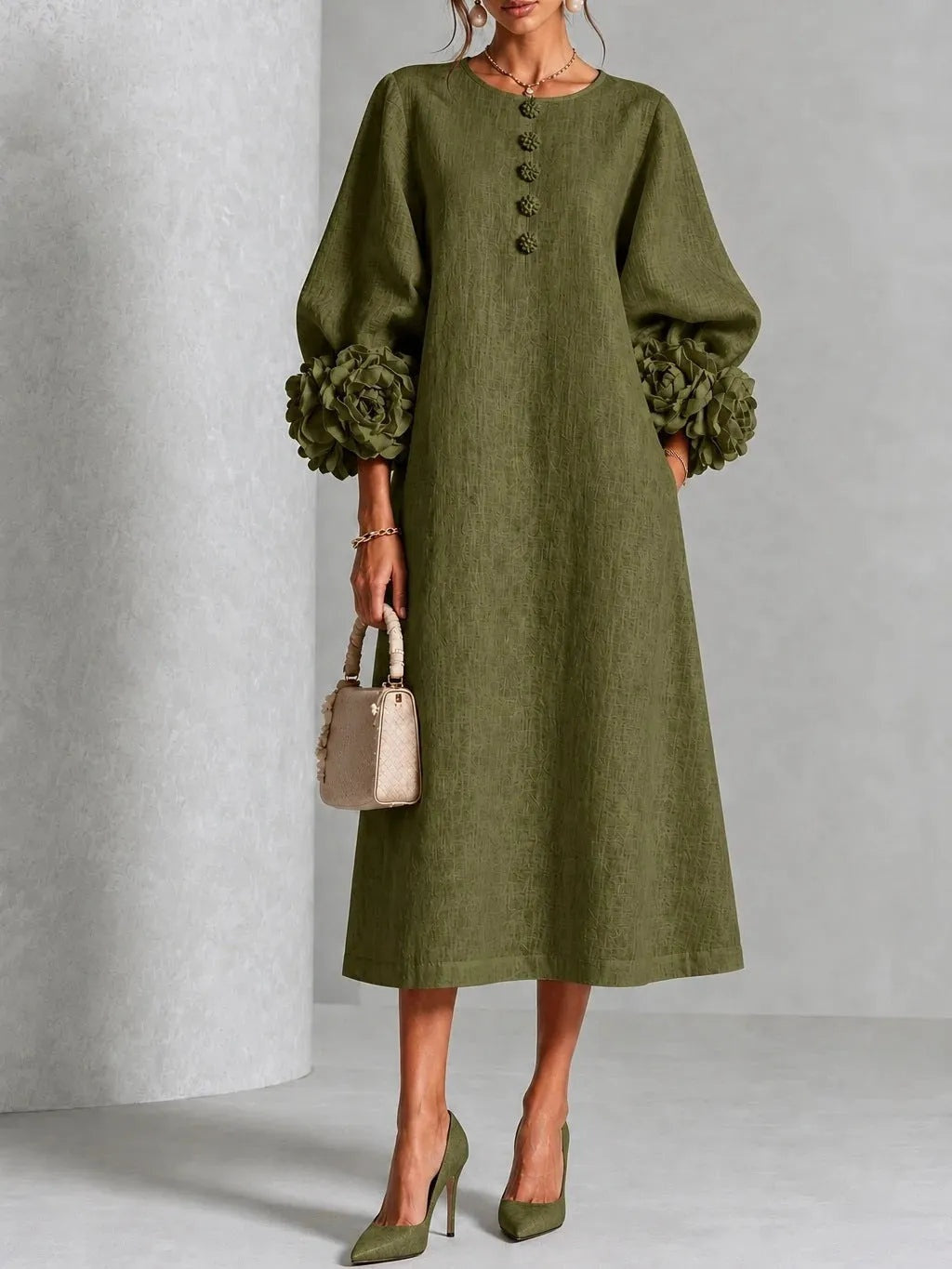Women's Floral Midi Dress with Puff Sleeves and Rose Cuffs