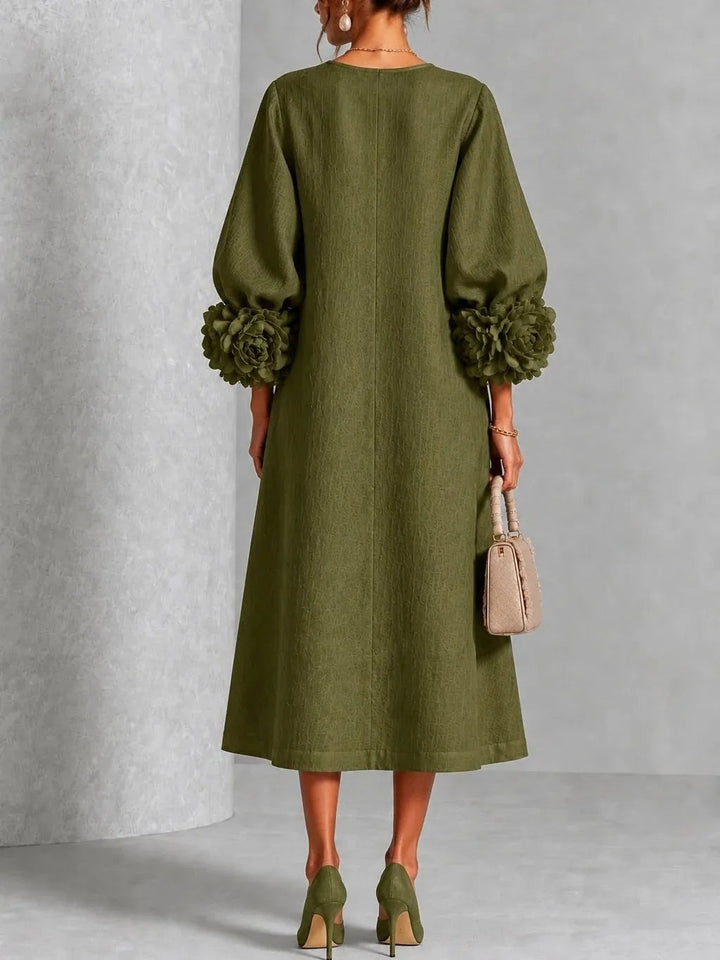 Women's Floral Midi Dress with Puff Sleeves and Rose Cuffs