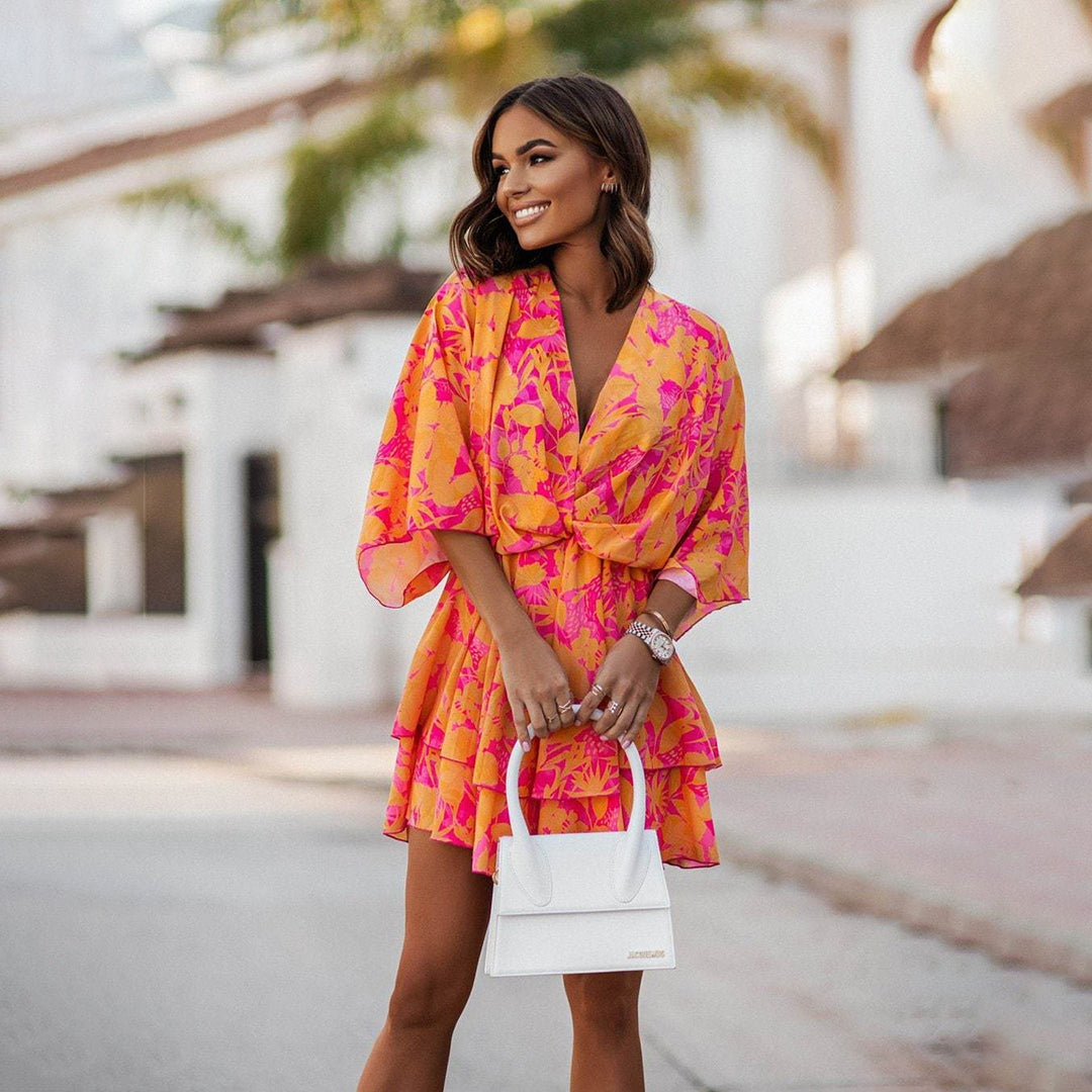 Women's Floral Mini Summer Dress with Kimono Sleeves