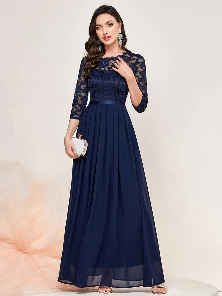 Women's Formal Maxi Dress with Lace Bodice and 3/4 Sleeves