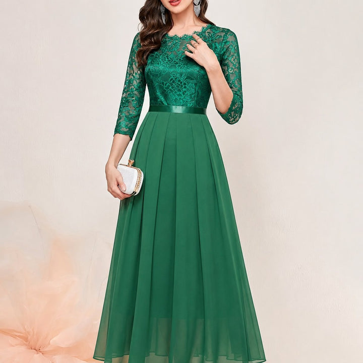 Women's Formal Maxi Dress with Lace Bodice and 3/4 Sleeves