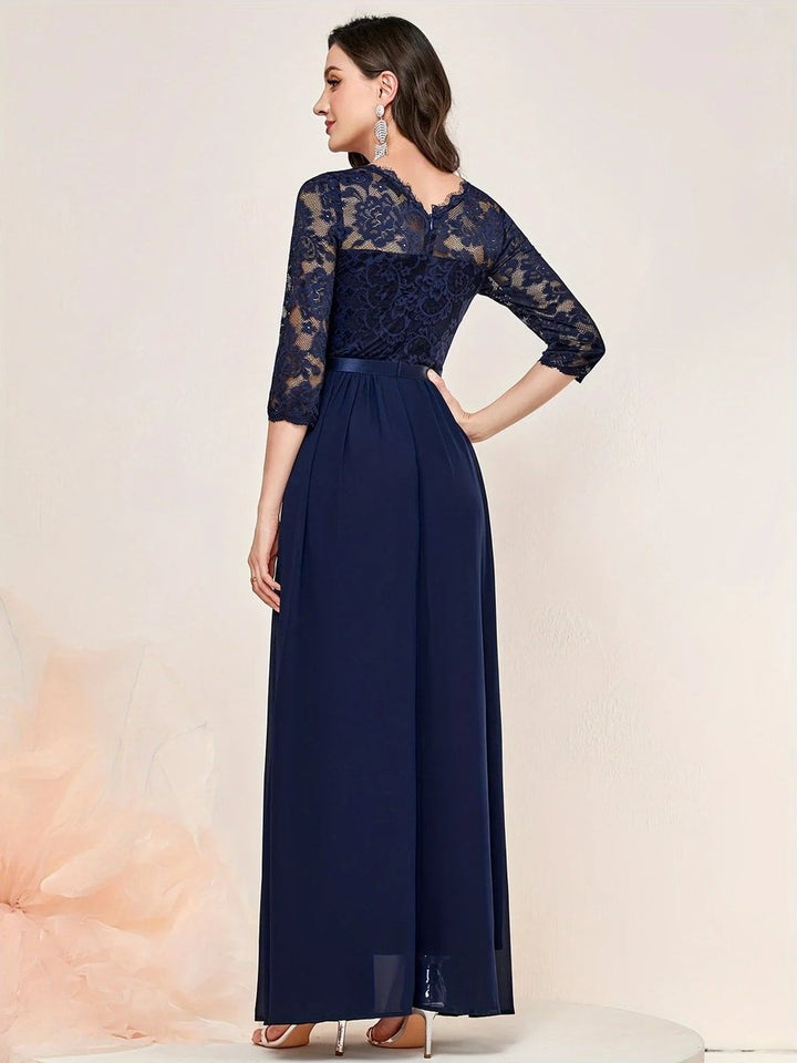 Women's Formal Maxi Dress with Lace Bodice and 3/4 Sleeves