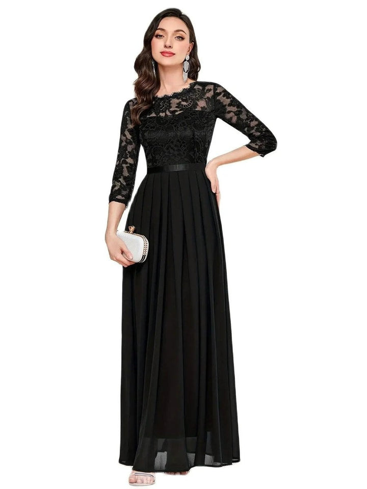 Women's Formal Maxi Dress with Lace Bodice and 3/4 Sleeves