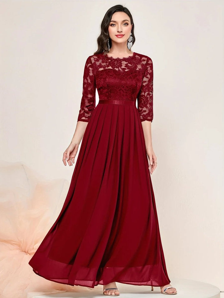 Women's Formal Maxi Dress with Lace Bodice and 3/4 Sleeves