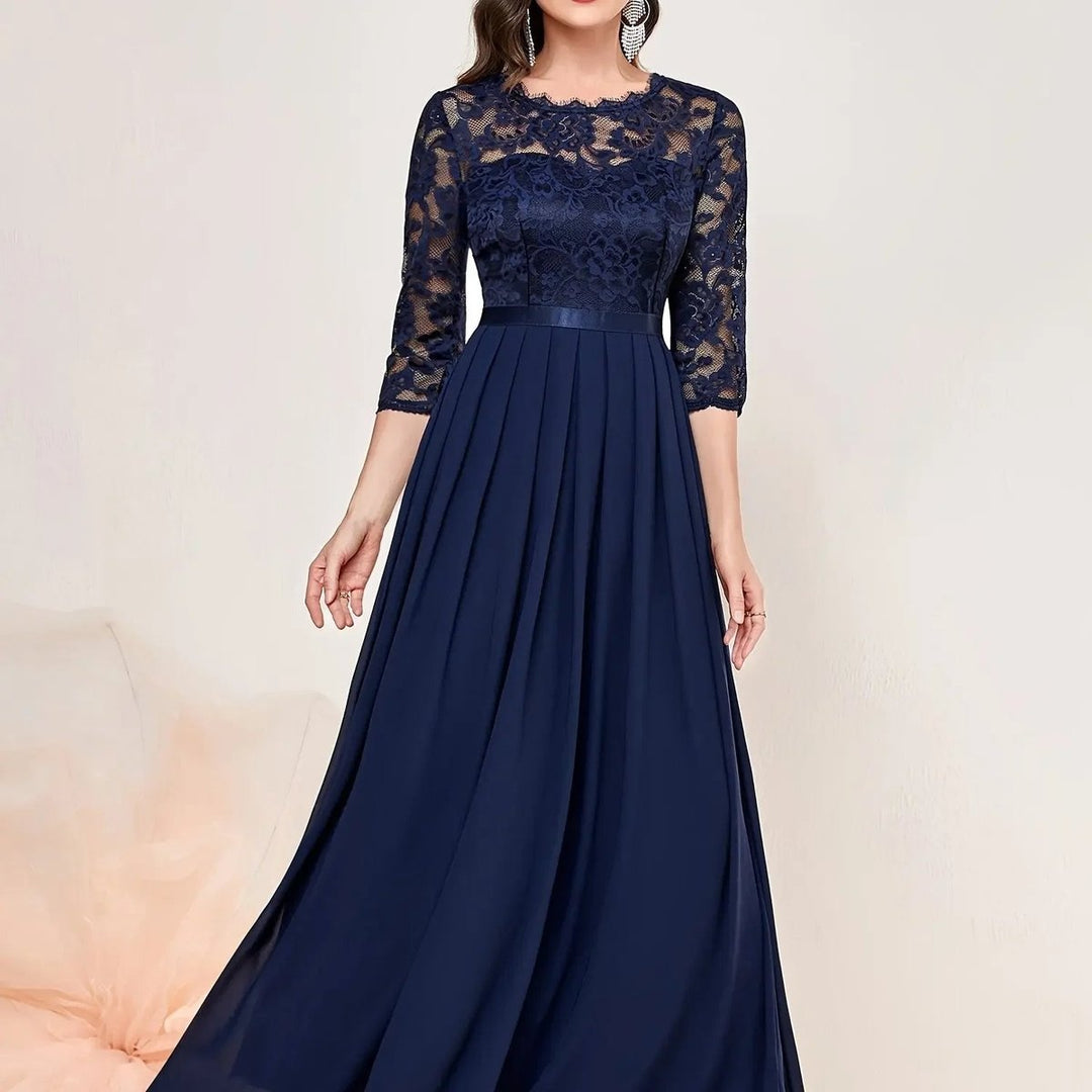 Women's Formal Maxi Dress with Lace Bodice and 3/4 Sleeves
