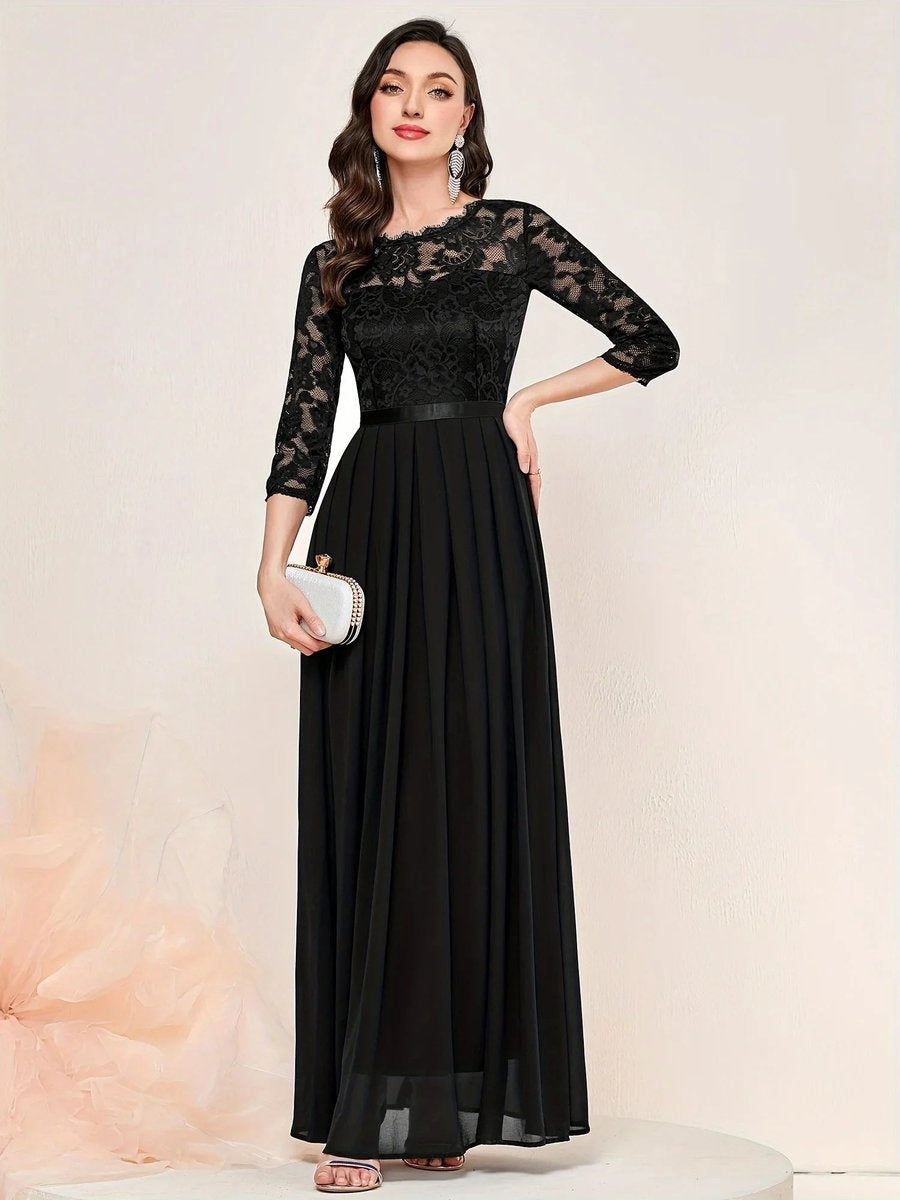 Women's Formal Maxi Dress with Lace Bodice and 3/4 Sleeves