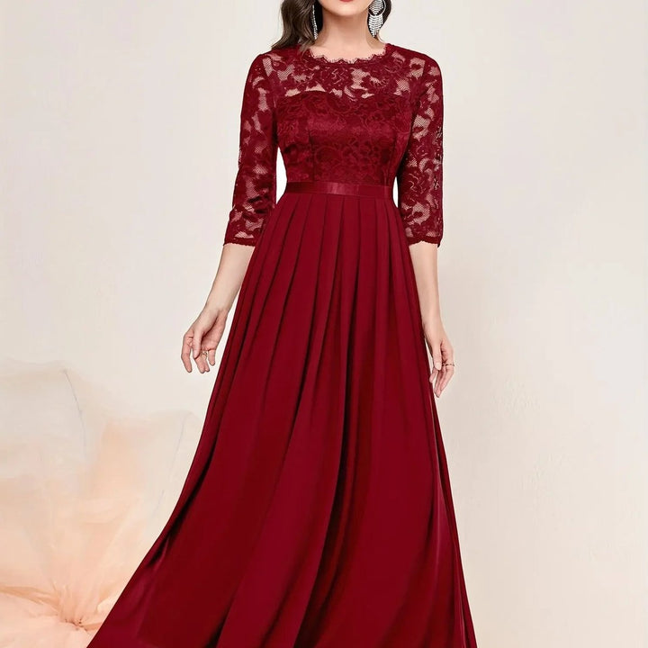 Women's Formal Maxi Dress with Lace Bodice and 3/4 Sleeves