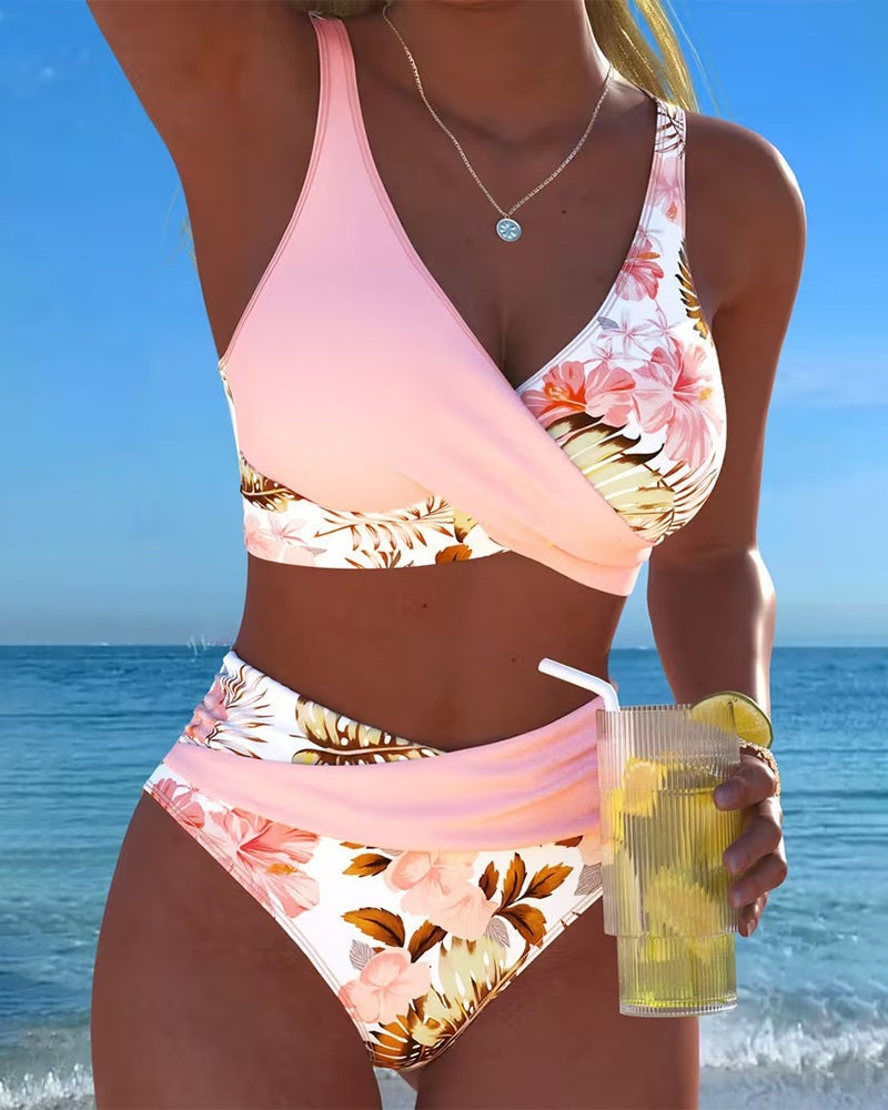 Women's High Waisted Bikini Set with Floral Wrap Top