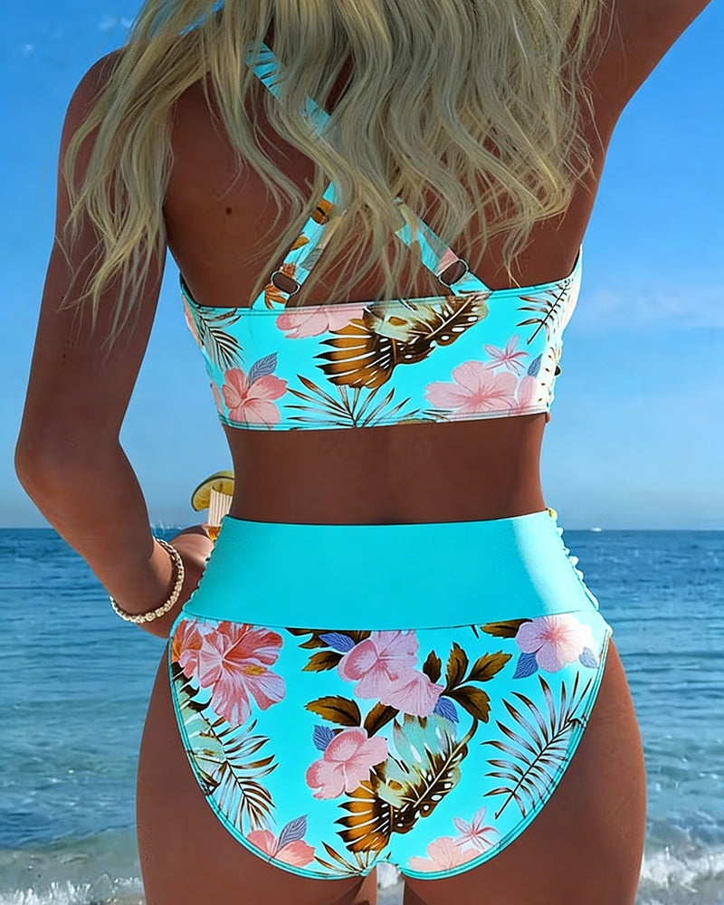 Women's High Waisted Bikini Set with Floral Wrap Top