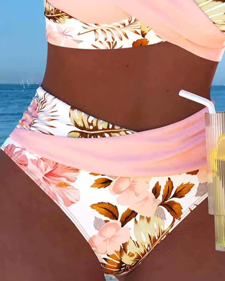 Women's High Waisted Bikini Set with Floral Wrap Top