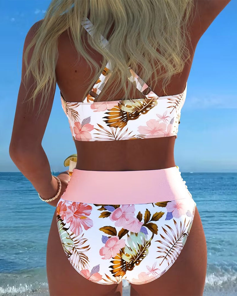 Women's High Waisted Bikini Set with Floral Wrap Top