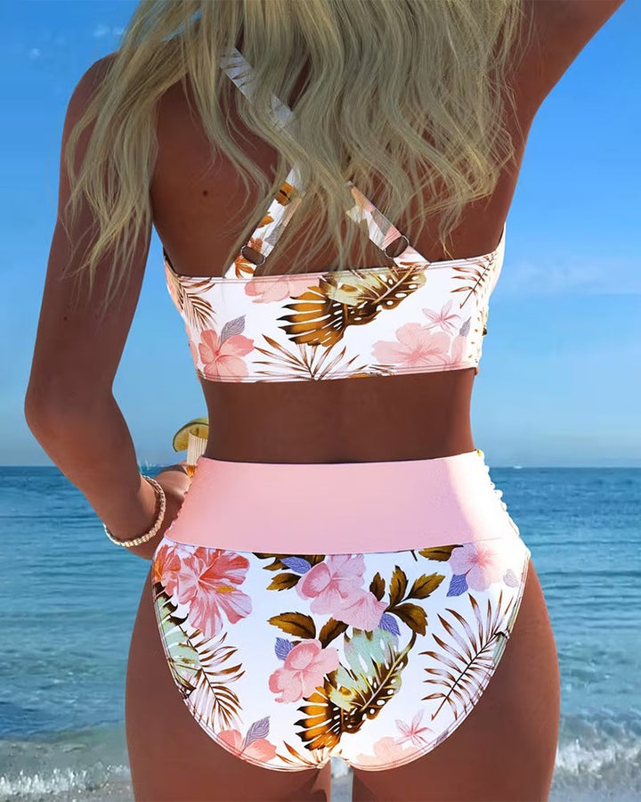Women's High Waisted Bikini Set with Floral Wrap Top