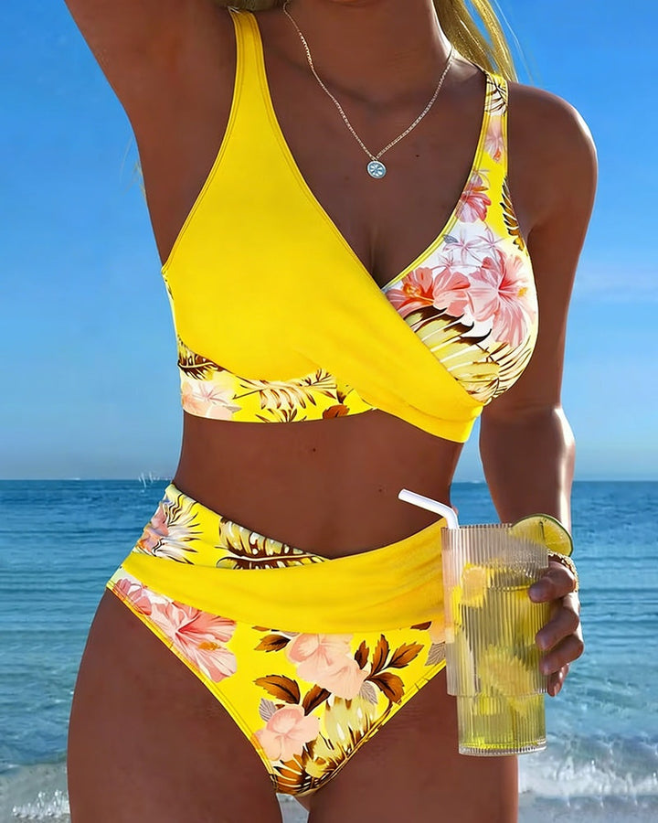 Women's High Waisted Bikini Set with Floral Wrap Top