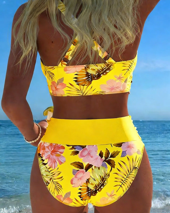 Women's High Waisted Bikini Set with Floral Wrap Top