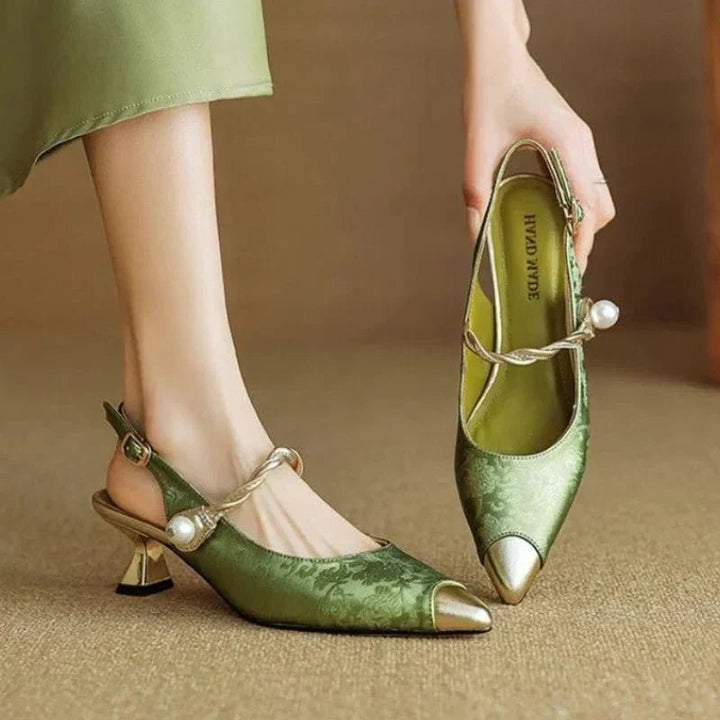 Women's Jacquard Kitten Heels Slingback with Pearl Strap