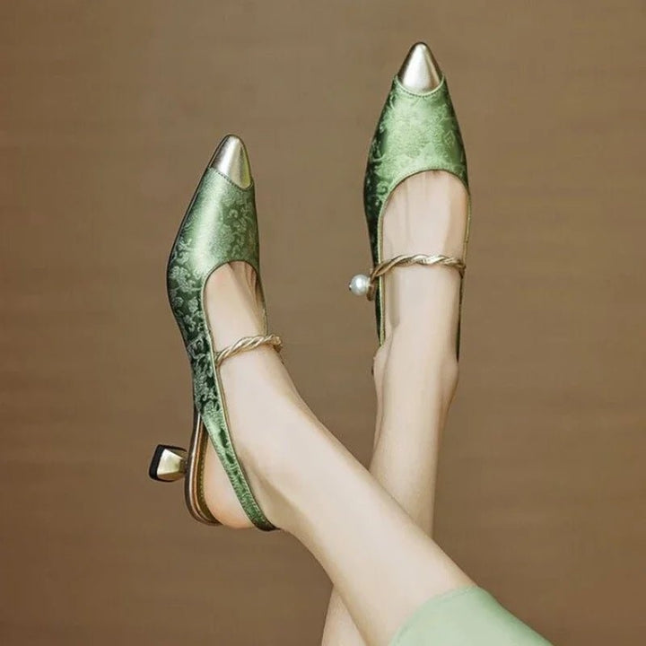 Women's Jacquard Kitten Heels Slingback with Pearl Strap