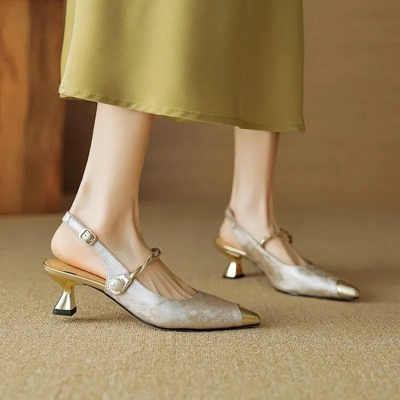 Women's Jacquard Kitten Heels Slingback with Pearl Strap