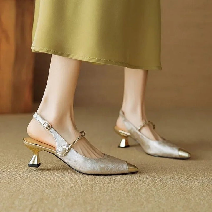 Women's Jacquard Kitten Heels Slingback with Pearl Strap