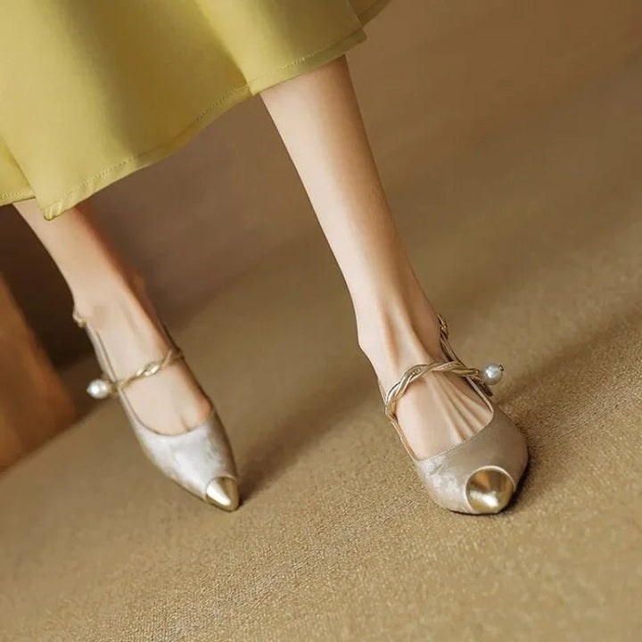 Women's Jacquard Kitten Heels Slingback with Pearl Strap