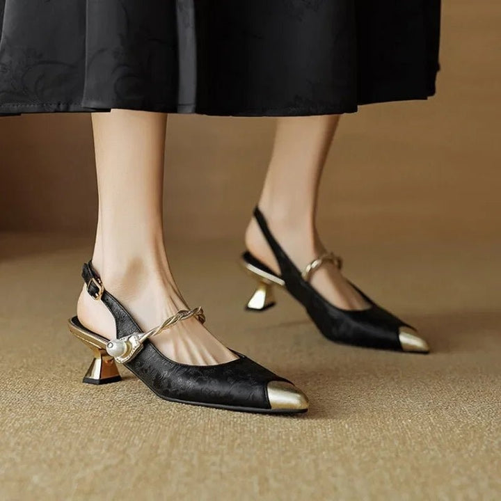Women's Jacquard Kitten Heels Slingback with Pearl Strap