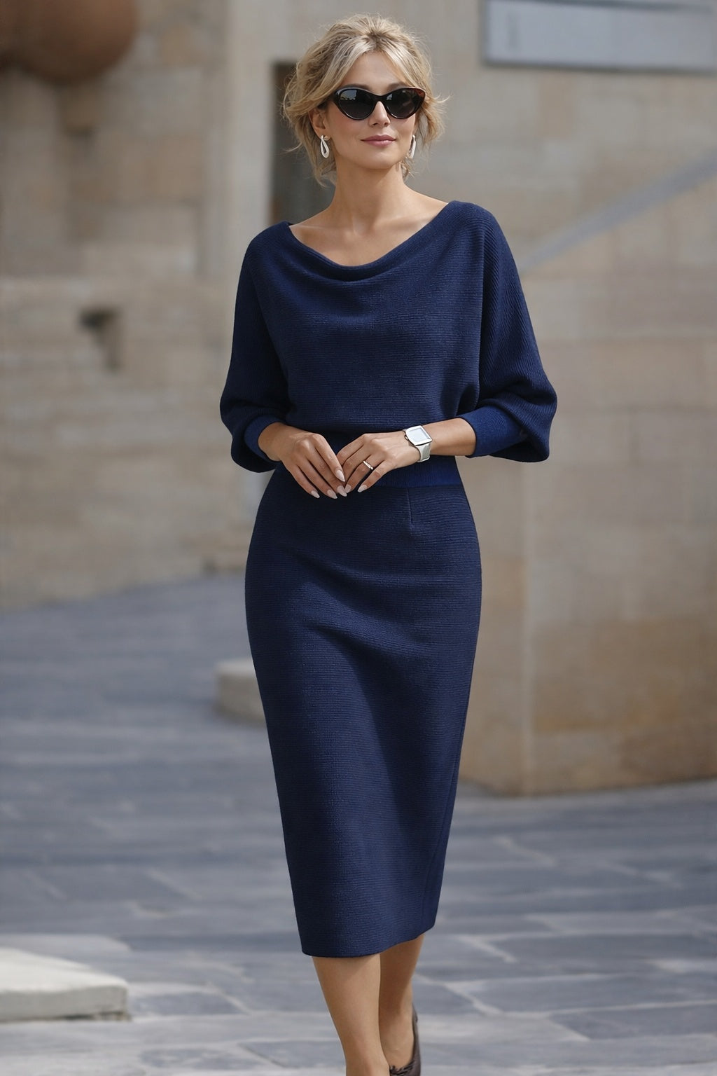 Women's Knit Midi Dress with Cowl Neck and Batwing Sleeves