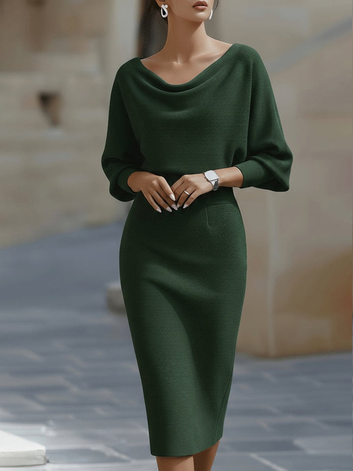 Women's Knit Midi Dress with Cowl Neck and Batwing Sleeves