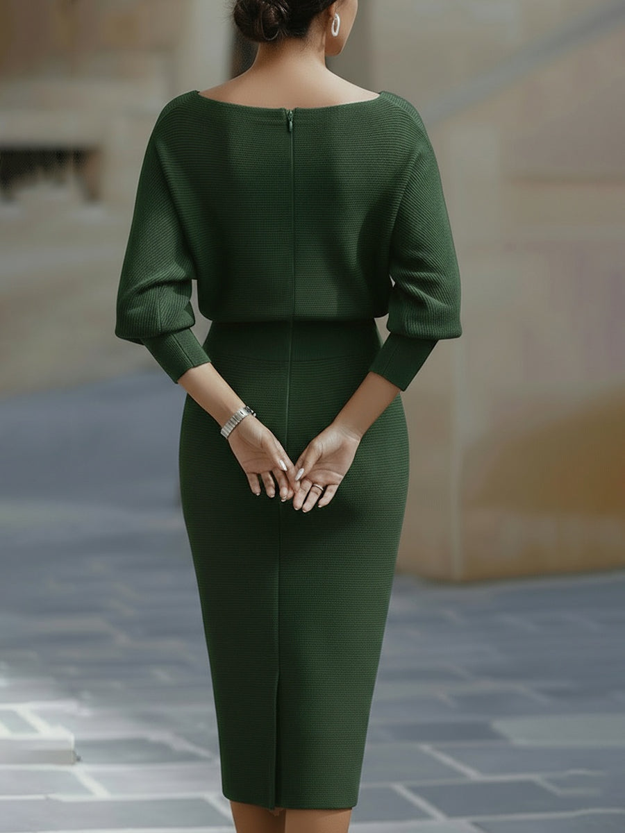 Women's Knit Midi Dress with Cowl Neck and Batwing Sleeves