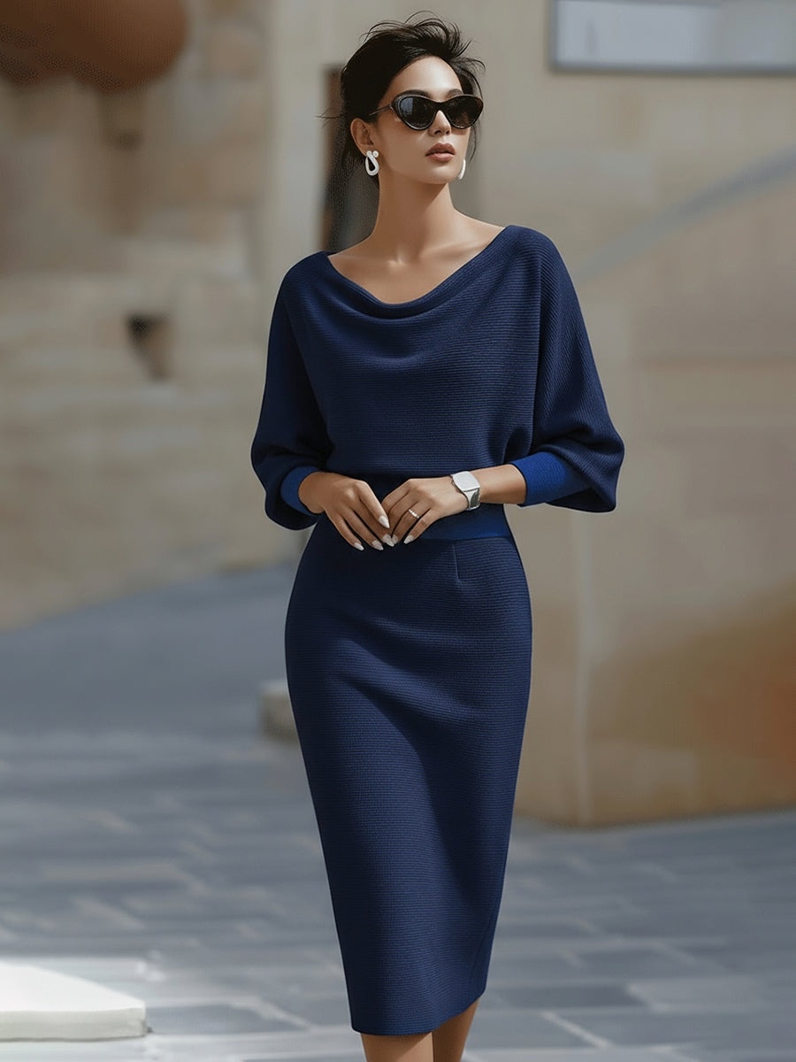 Women's Knit Midi Dress with Cowl Neck and Batwing Sleeves