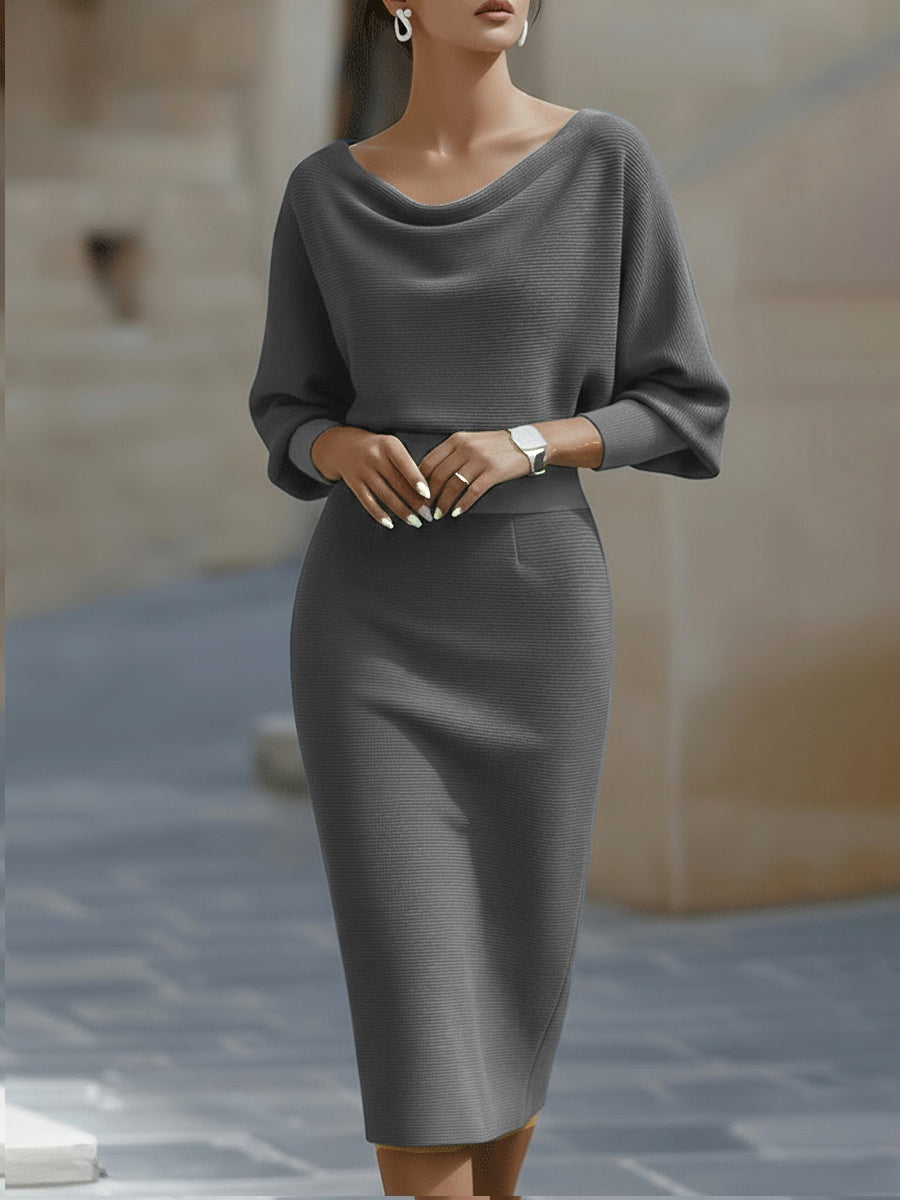 Women's Knit Midi Dress with Cowl Neck and Batwing Sleeves
