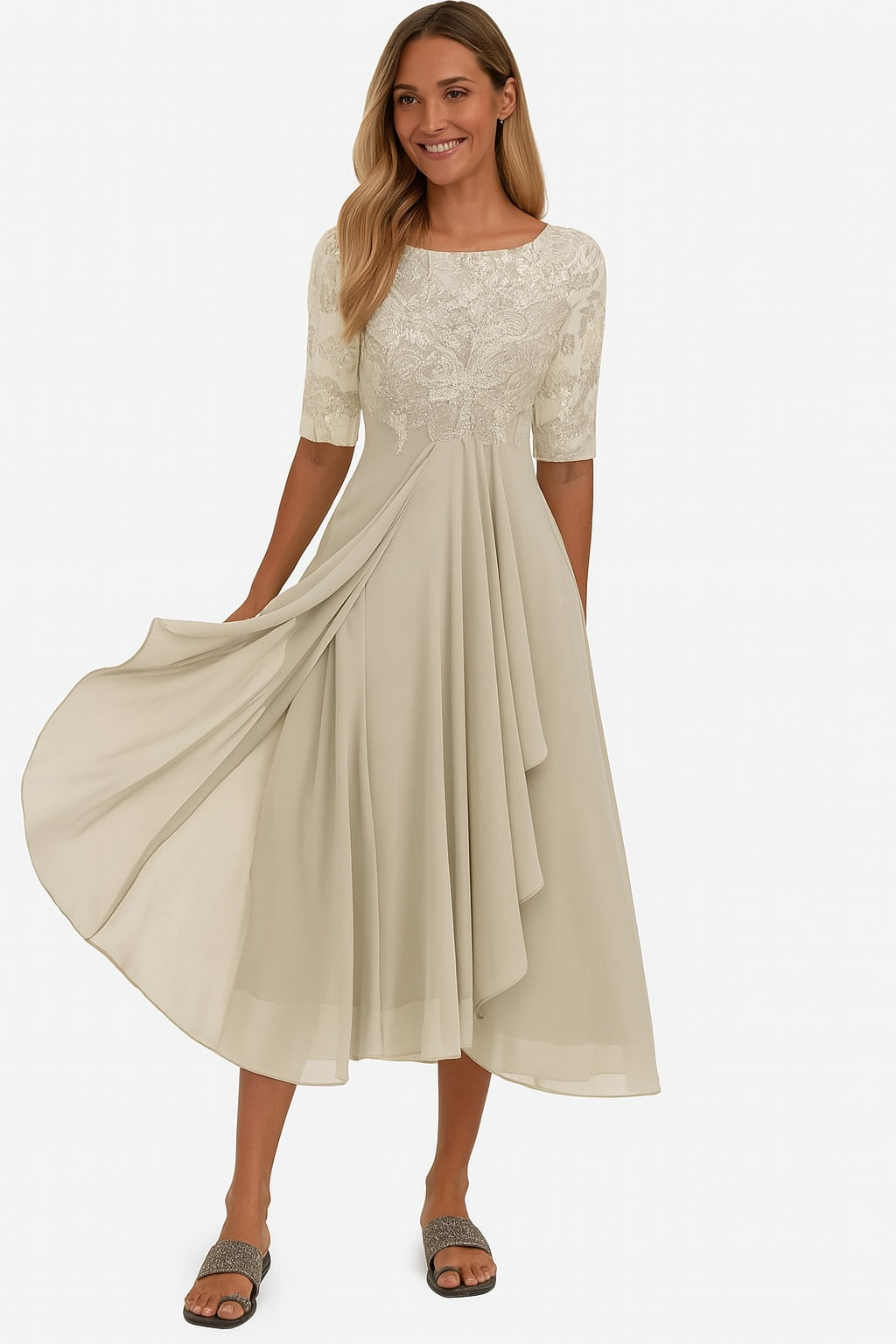 Women's Lace Midi Cocktail Dress with Draped Skirt