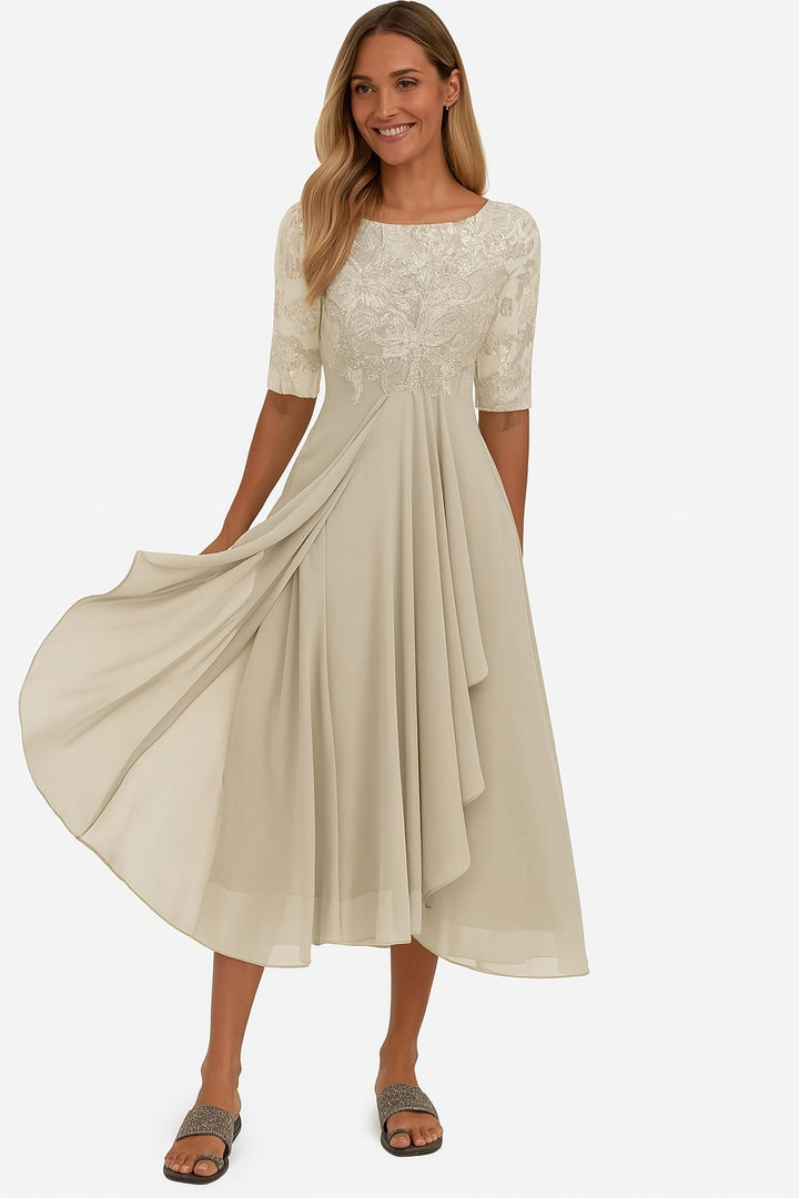 Women's Lace Midi Cocktail Dress with Draped Skirt