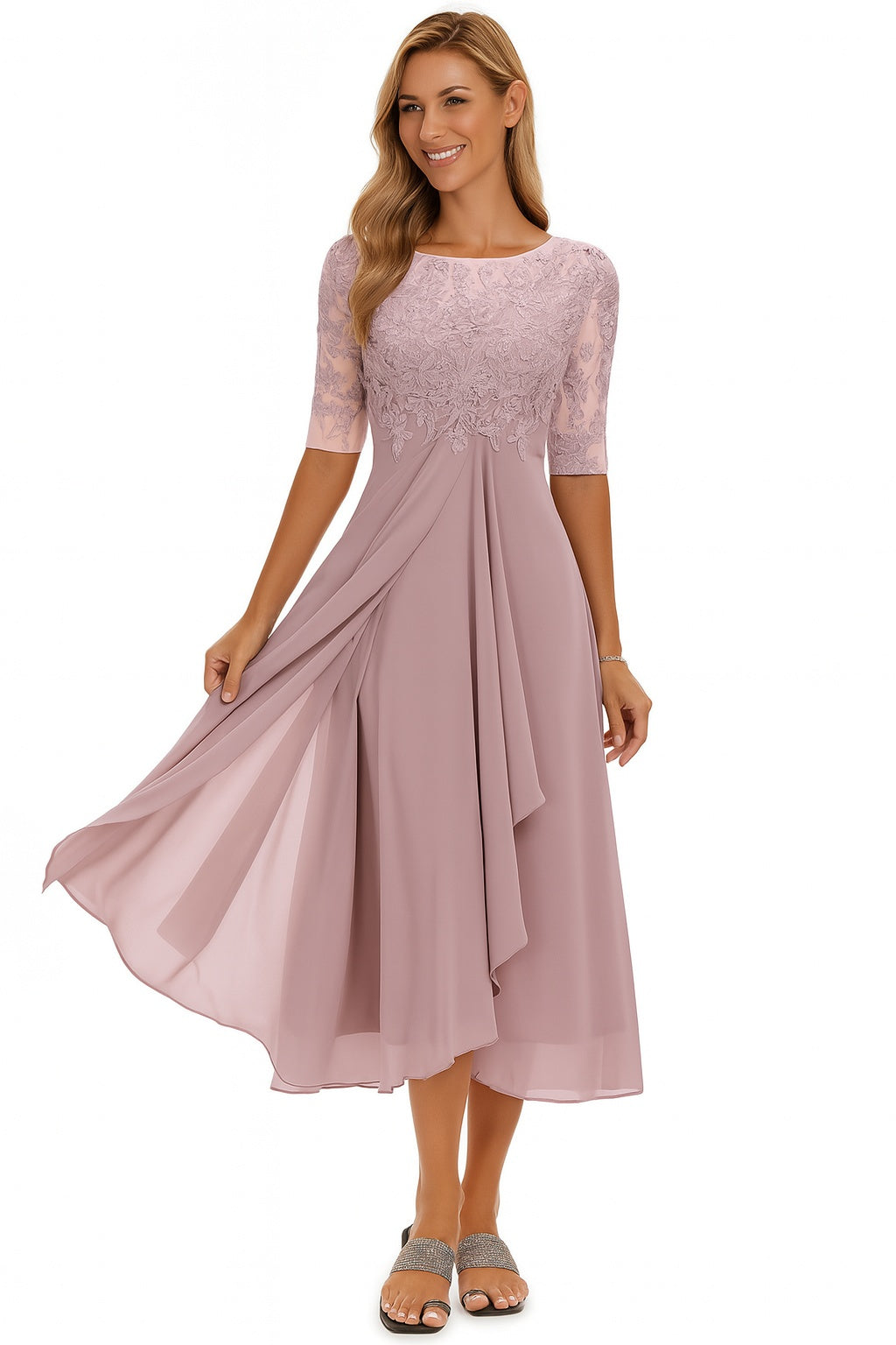 Women's Lace Midi Cocktail Dress with Draped Skirt