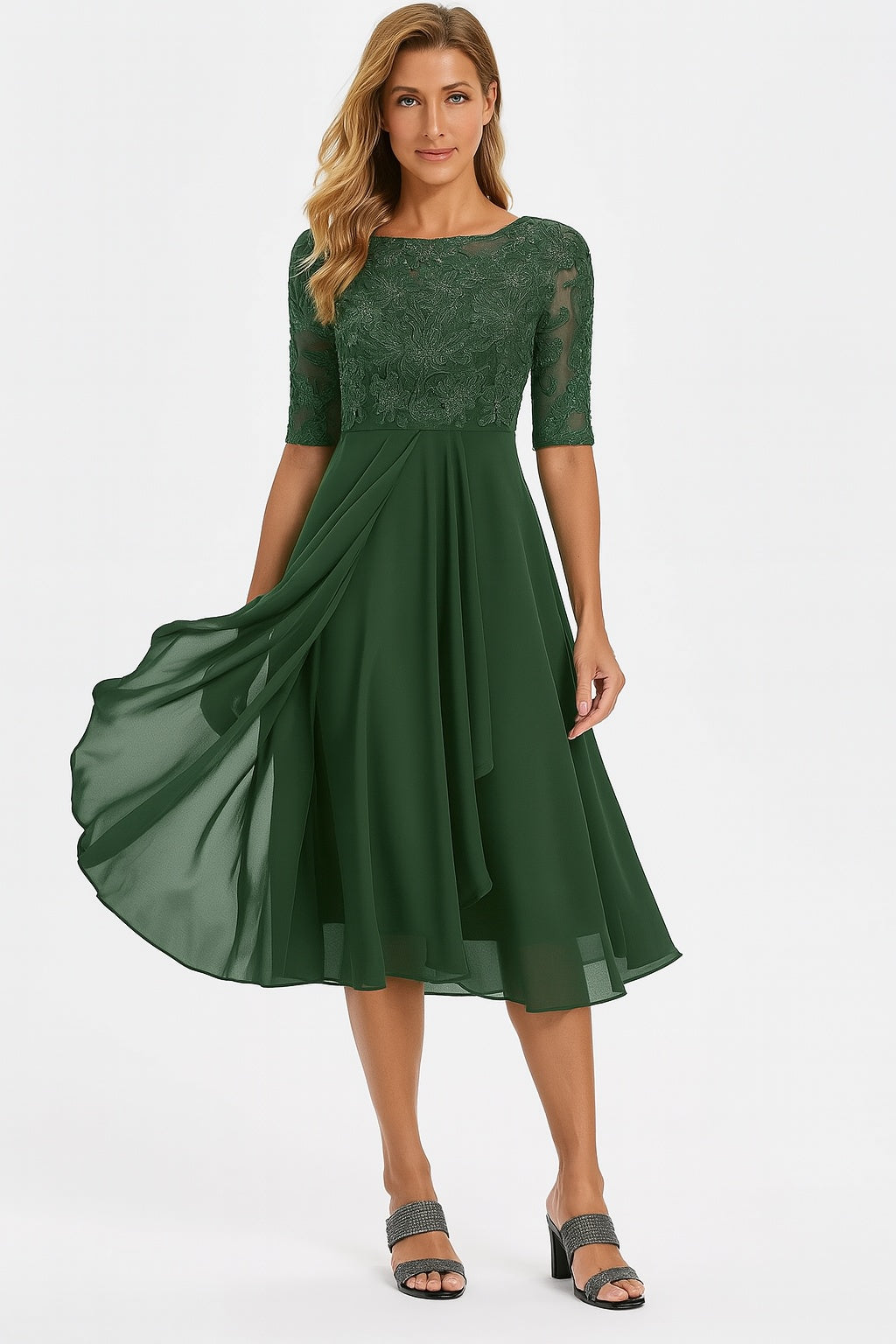 Women's Lace Midi Cocktail Dress with Draped Skirt