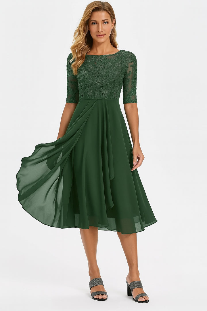 Women's Lace Midi Cocktail Dress with Draped Skirt